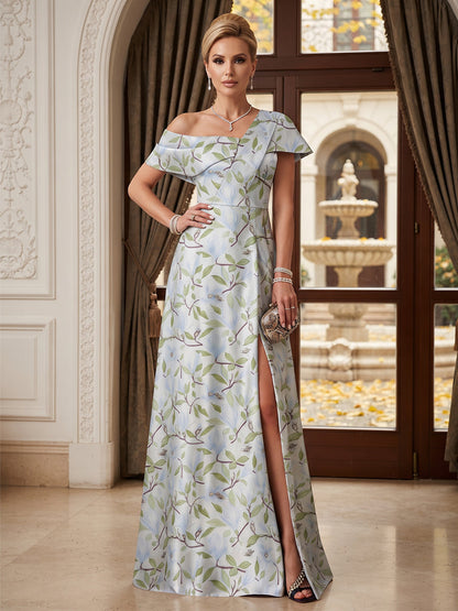 A-Line/Princess Asymmetrical Sleeveless Jacquard Floor-Length Mother of the Bride Dresses with Split Side & Floral