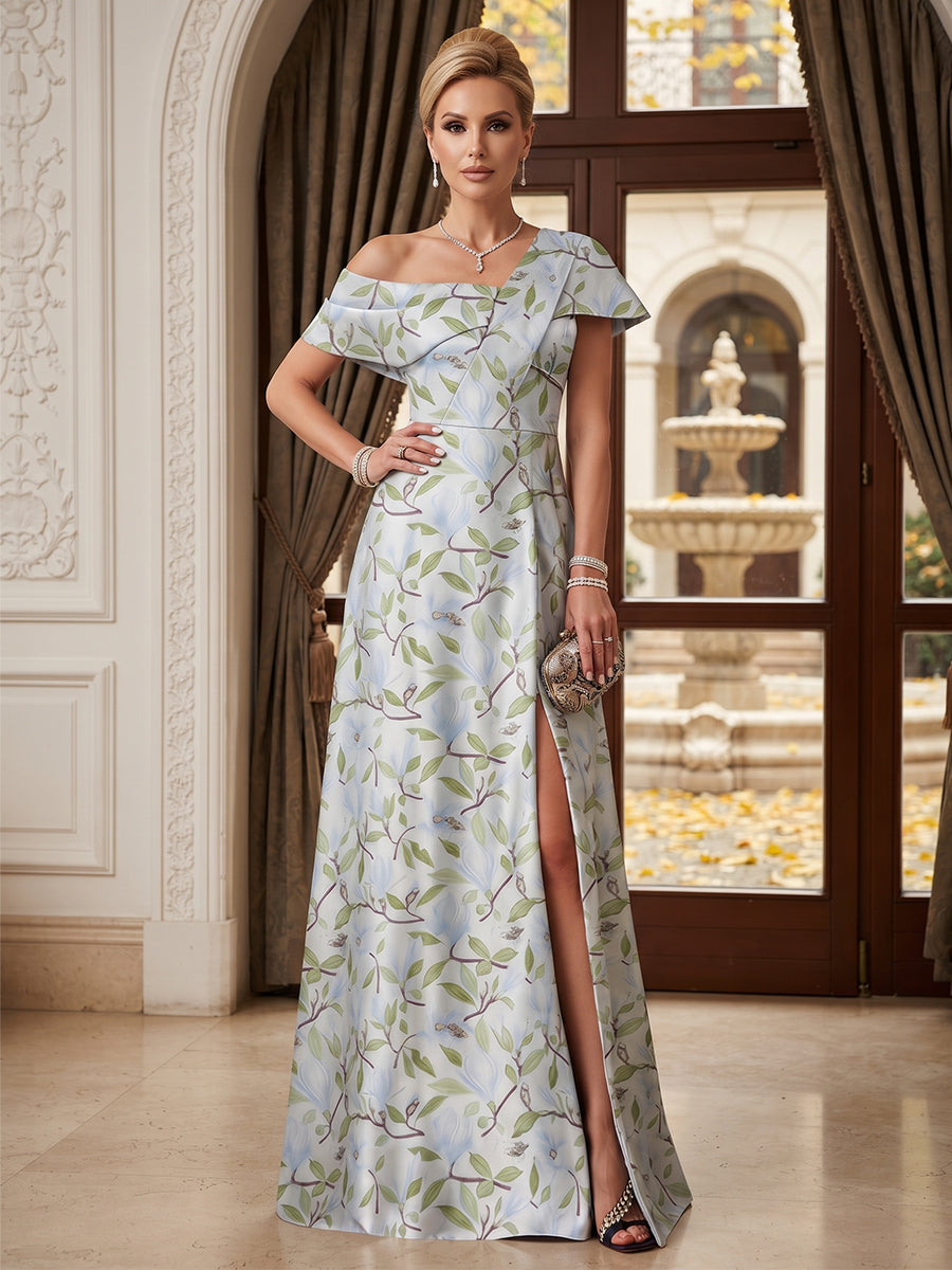 A-Line/Princess Asymmetrical Sleeveless Jacquard Floor-Length Mother of the Bride Dresses with Split Side & Floral
