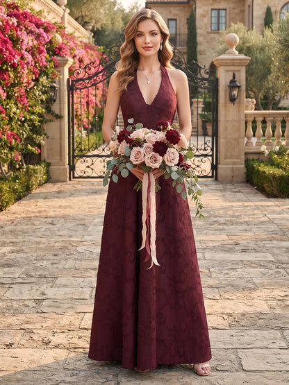 A-Line/Princess Halter Sleeveless Chiffon Floor-Length Bridesmaid Dresses with Florals