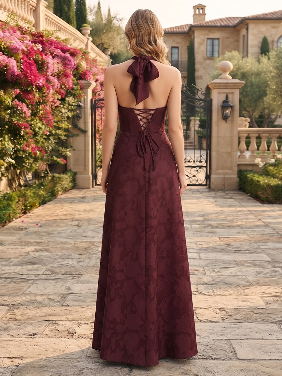 A-Line/Princess Halter Sleeveless Chiffon Floor-Length Bridesmaid Dresses with Florals