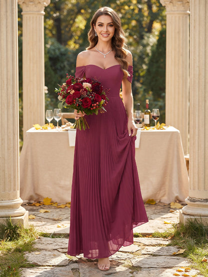 A-Line/Princess Off-the-Shoulder Sleeveless Chiffon Floor-Length Bridesmaid Dresses with Pleats