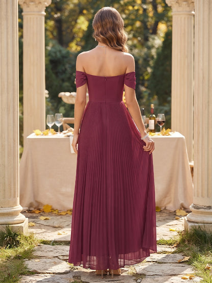 A-Line/Princess Off-the-Shoulder Sleeveless Chiffon Floor-Length Bridesmaid Dresses with Pleats
