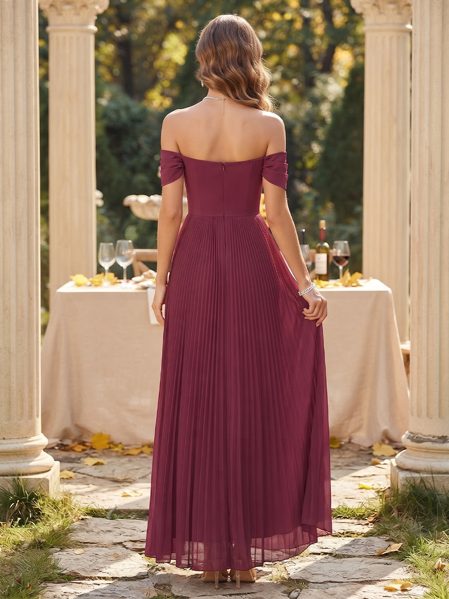 A-Line/Princess Off-the-Shoulder Sleeveless Chiffon Floor-Length Bridesmaid Dresses with Pleats
