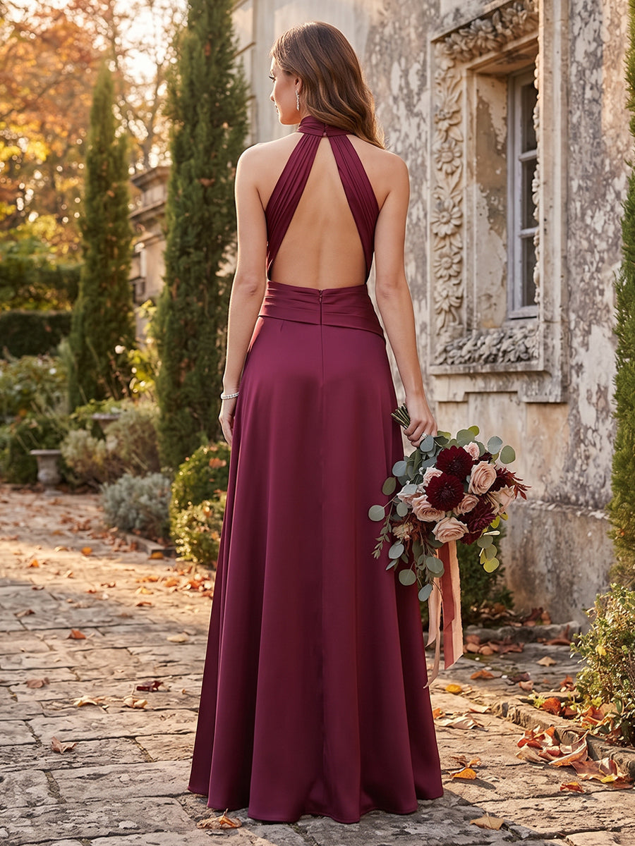 A-Line/Princess Halter Sleeveless Silk Satin Floor-Length Bridesmaid Dresses with Ruched