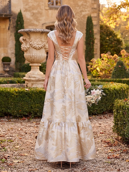 A-Line/Princess Square Neck Cap Sleeves Jacquard Floor-Length Bridesmaid Dresses with Ruched