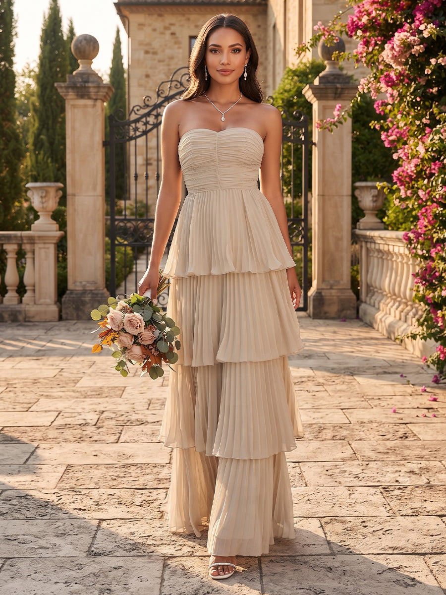A-Line/Princess Strapless Sleeveless Chiffon Floor-Length Bridesmaid Dresses with Tiered&Ruffles