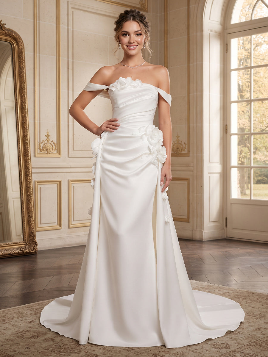 A-Line/Princess  Off-the-Shoulder  Sleeveless  Satin  Sweep Train/Brush Train Wedding Dresses with 3D Flower