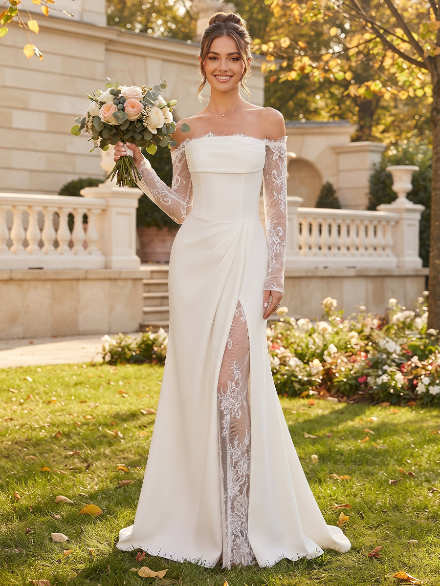 Trumpet/Mermaid  Off-the-Shoulder  Long Sleeves  Stretch Satin  Floor-Length  Wedding Dresses with Applique & Split Side