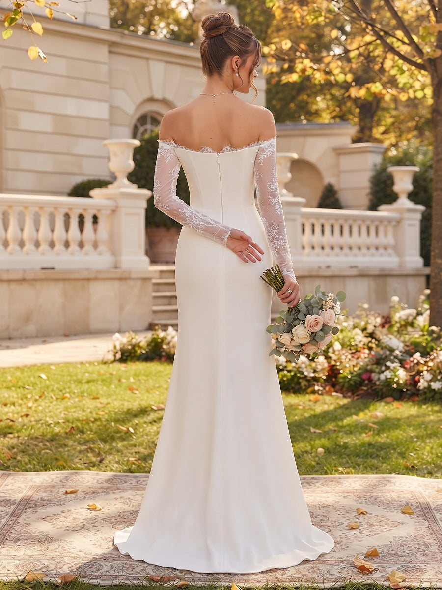 Trumpet/Mermaid  Off-the-Shoulder  Long Sleeves  Stretch Satin  Floor-Length  Wedding Dresses with Applique & Split Side