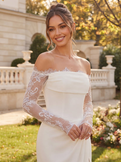 Trumpet/Mermaid  Off-the-Shoulder  Long Sleeves  Stretch Satin  Floor-Length  Wedding Dresses with Applique & Split Side