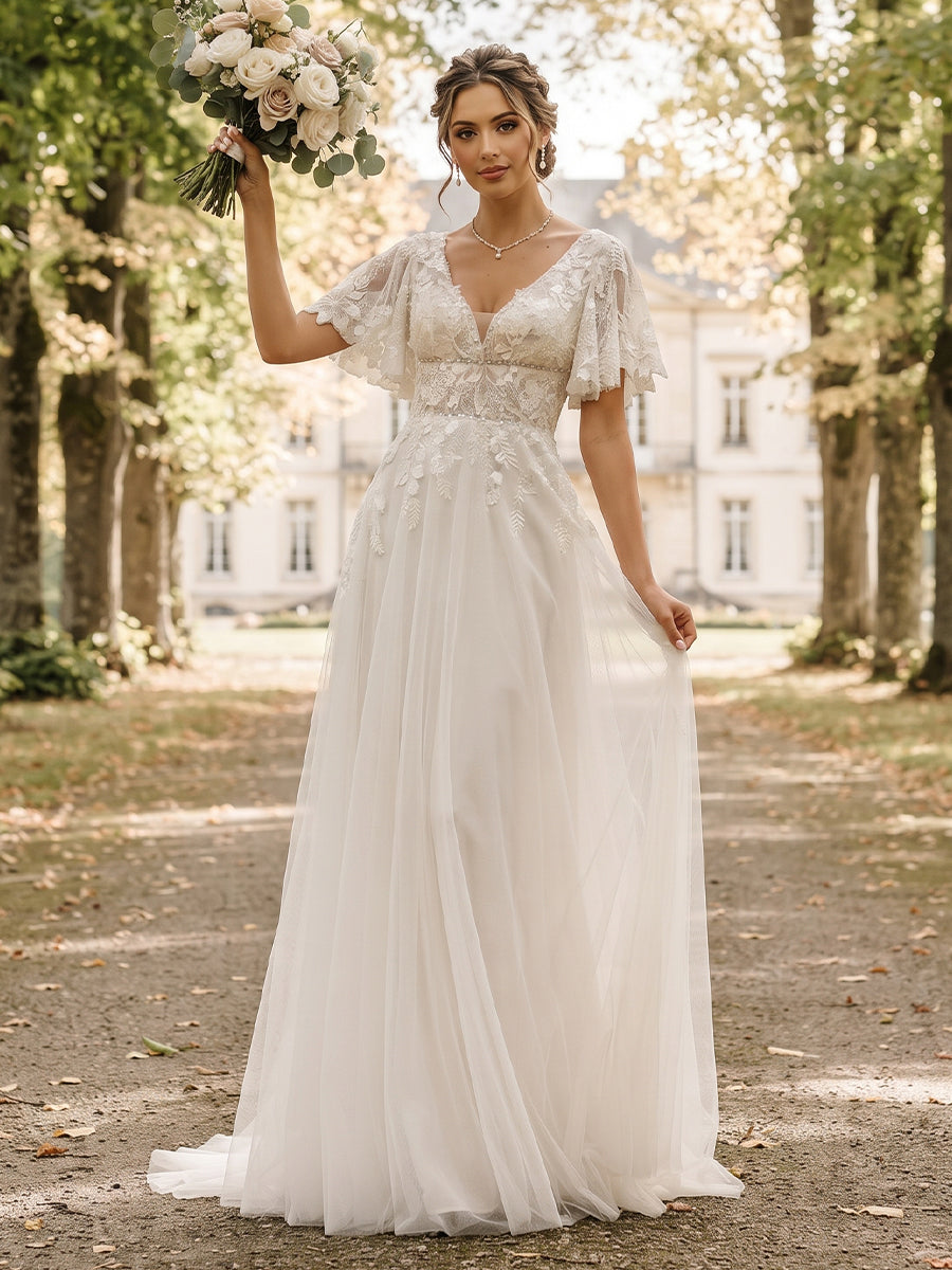 A-Line/Princess  V-Neck  Short Sleeves  Tulle  Floor-Length  Wedding Dresses with Applique&Ruffles