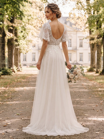 A-Line/Princess  V-Neck  Short Sleeves  Tulle  Floor-Length  Wedding Dresses with Applique&Ruffles