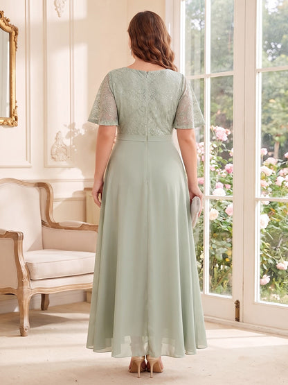 Jumpsuits Scoop Short Sleeves Chiffon Ankle-Length Plus Size Mother of the Bride Dresses with Lace & Pleats