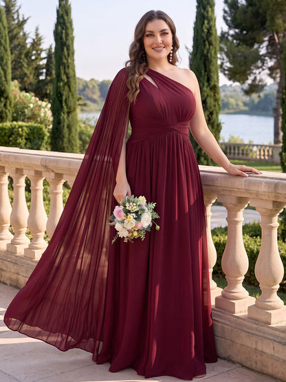 A-Line/Princess One-Shoulder Sleeveless Chiffon Floor-Length Plus Size Bridesmaid Dresses with Cape