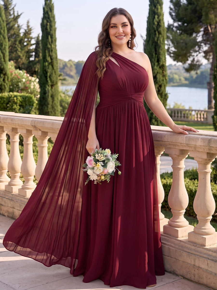 A-Line/Princess One-Shoulder Sleeveless Chiffon Floor-Length Plus Size Bridesmaid Dresses with Cape