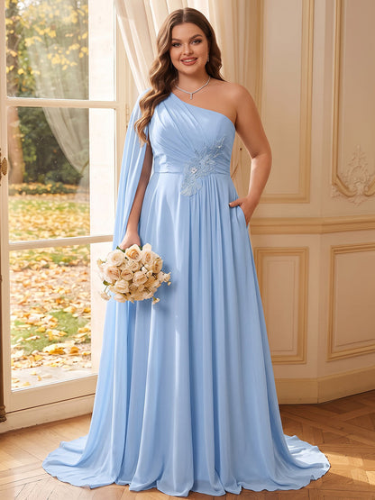 A-Line/Princess One-Shoulder Sleeveless Chiffon Floor-Length Plus Size Bridesmaid Dresses with Cape & Applique