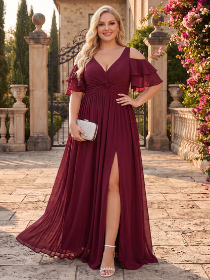 A-Line/Princess V-Neck Short Sleeves Chiffon Floor-Length Plus Size Bridesmaid Dresses with Split Side & Ruched