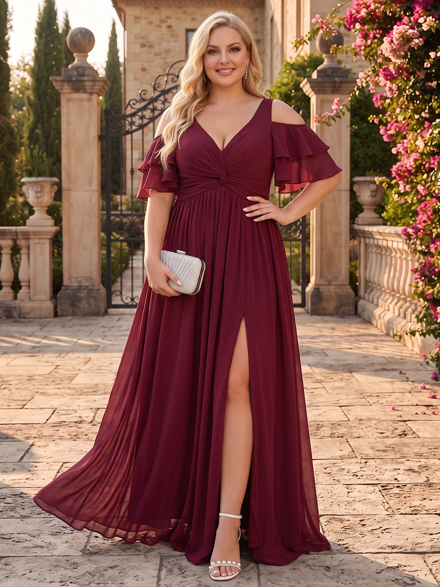 A-Line/Princess V-Neck Short Sleeves Chiffon Floor-Length Plus Size Bridesmaid Dresses with Split Side & Ruched