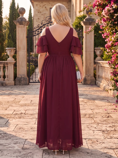 A-Line/Princess V-Neck Short Sleeves Chiffon Floor-Length Plus Size Bridesmaid Dresses with Split Side & Ruched