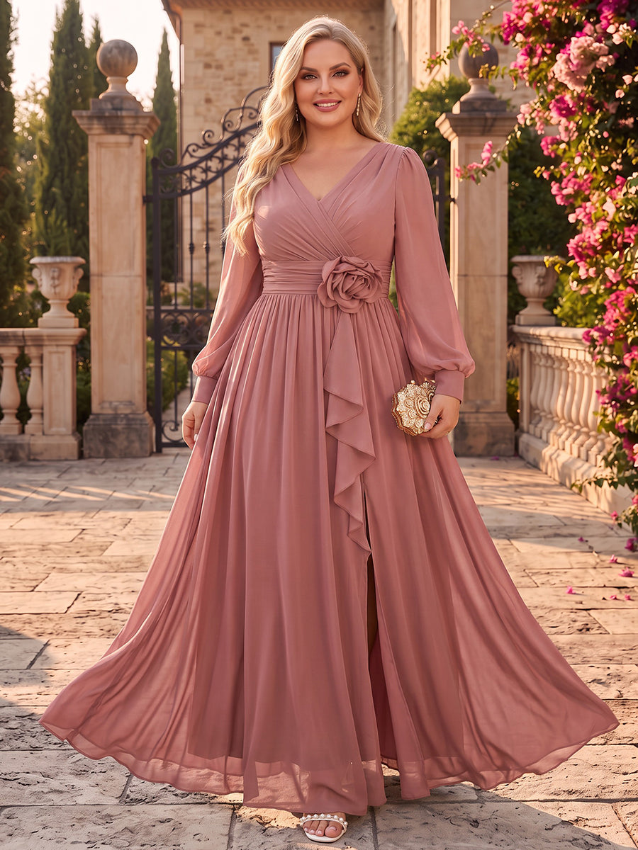 A-Line/Princess V-Neck Long Sleeves Chiffon Floor-Length Plus Size Bridesmaid Dresses with 3D Flower & Ruffles