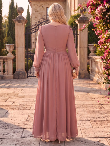 A-Line/Princess V-Neck Long Sleeves Chiffon Floor-Length Plus Size Bridesmaid Dresses with 3D Flower & Ruffles