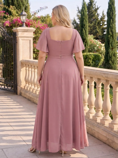A-Line/Princess Cowl Neck Short Sleeves Chiffon Floor-Length Plus Size Bridesmaid Dresses with Pleats & Split Side