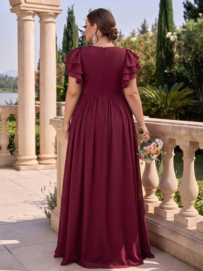 A-Line/Princess V-Neck Short Sleeves Chiffon Floor-Length Plus Size Bridesmaid Dresses with Pleats & Split Side