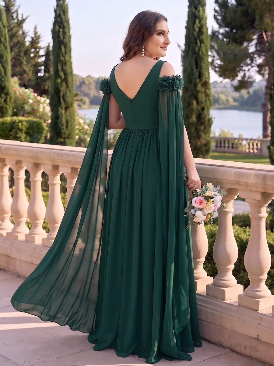 A-Line/Princess Off-the-Shoulder Sleeveless Chiffon Floor-Length Plus Size Bridesmaid Dresses with Cape & 3D Flowers