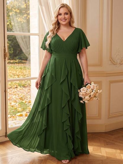 A-Line/Princess V-Neck Short Sleeves Chiffon Floor-Length Plus Size Bridesmaid Dresses with Pleats & Ruffles