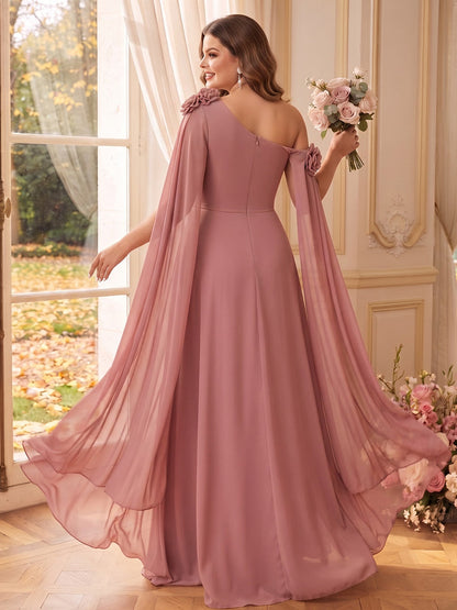 A-Line/Princess One-Shoulder Sleeveless Chiffon Floor-Length Plus Size Bridesmaid Dresses with Cape & 3D Flowers