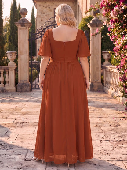 A-Line/Princess Square Neck Short Sleeves Chiffon Floor-Length Plus Size Bridesmaid Dresses with Pleats & Split Side