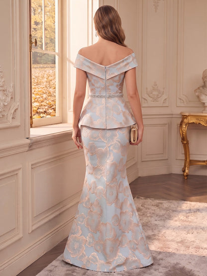 Trumpet/Mermaid Off-the-Shoulder Sleeveless Jacquard Floor-Length Mother of the Bride Dresses with Pleats & Belt