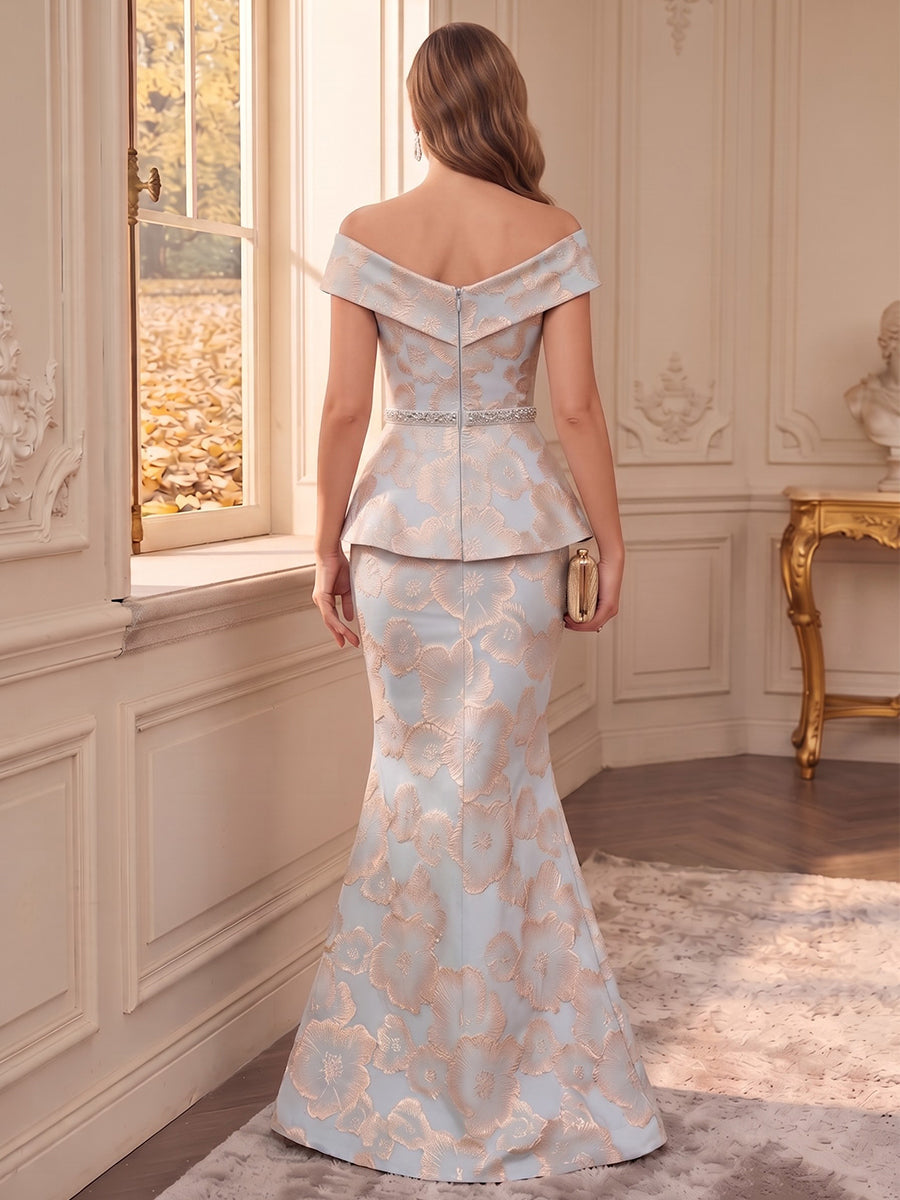 Trumpet/Mermaid Off-the-Shoulder Sleeveless Jacquard Floor-Length Mother of the Bride Dresses with Pleats & Belt