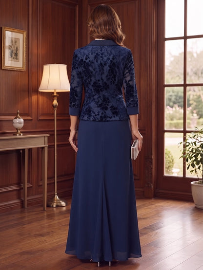Sheath/Column V-Neck 3/4 Sleeves Velvet Floor-Length Mother of the Bride Dresses with Jacket & Florals