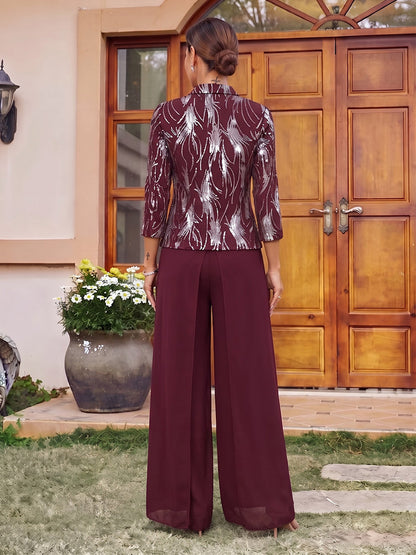 Jumpsuits Scoop 3/4 Sleeves Chiffon Floor-Length Mother of the Bride Dresses with Jacket & Sequins