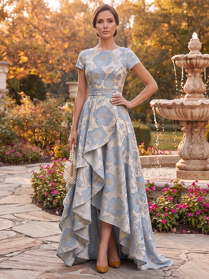 A-Line/Princess Scoop Short Sleeves Jacquard Asymmetrical Mother of the Bride Dresses with Ruffles & Split Side