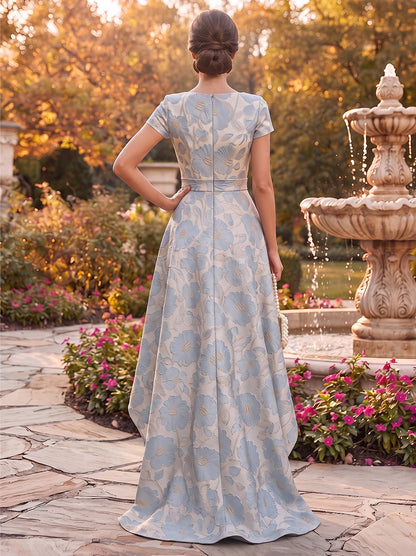 A-Line/Princess Scoop Short Sleeves Jacquard Asymmetrical Mother of the Bride Dresses with Ruffles & Split Side
