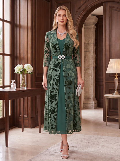 Sheath/Column V-Neck 3/4 Sleeves Velvet Ankle-Length Mother of the Bride Dresses with Jacket & Florals