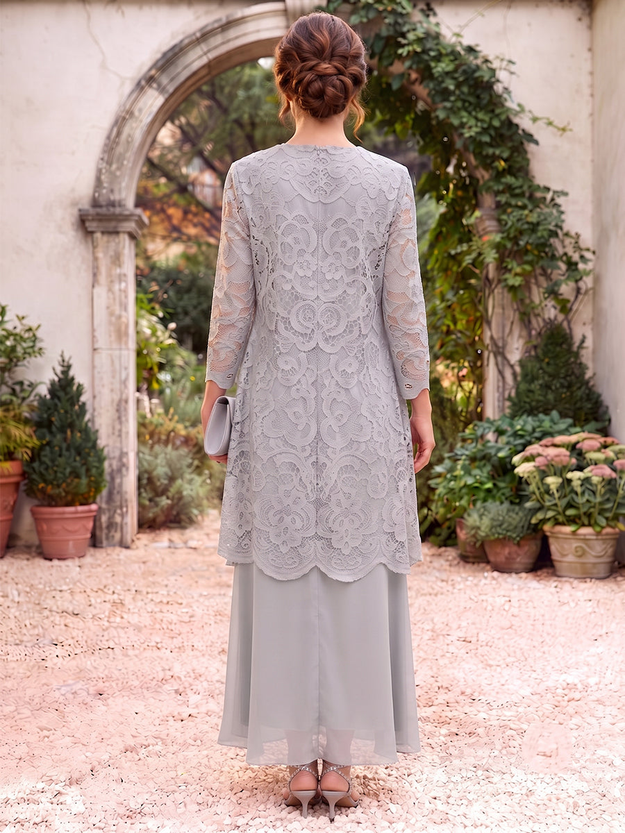 Sheath/Column Scoop 3/4 Sleeves Chiffon Floor-Length Mother of the Bride Dresses with Jacket&Lace