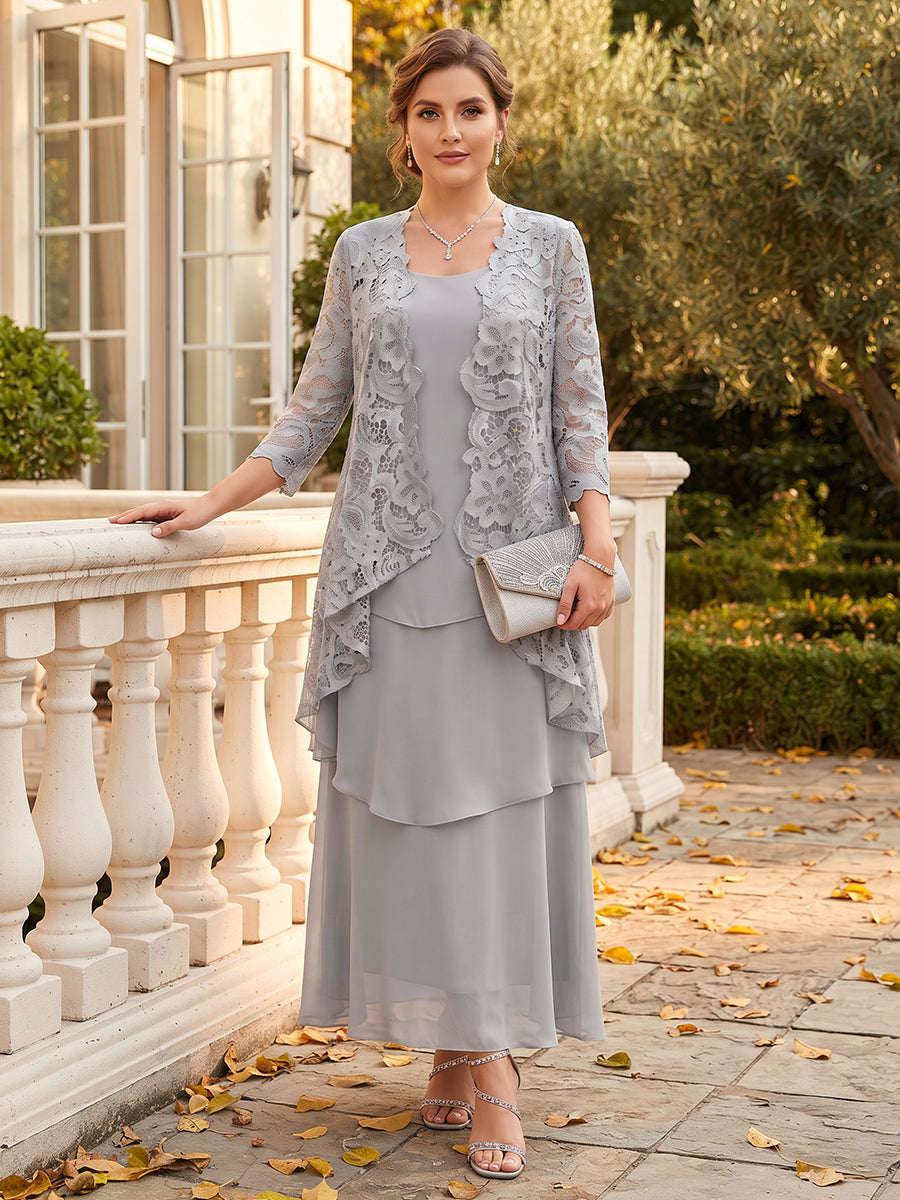 Sheath/Column 2 Pieces Scoop 3/4 Sleeves Chiffon Floor-Length Plus Size Mother of the Bride Dresses with Jacket&Lace