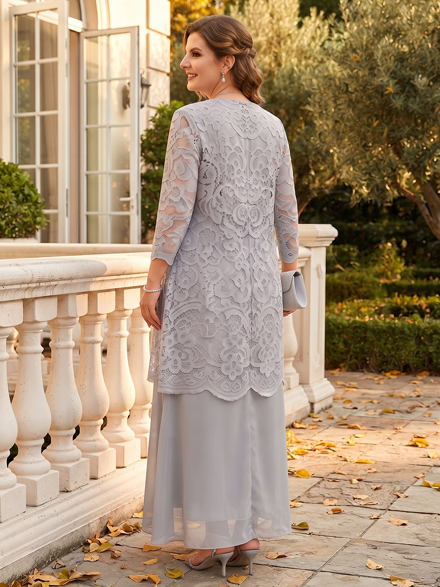 Sheath/Column 2 Pieces Scoop 3/4 Sleeves Chiffon Floor-Length Plus Size Mother of the Bride Dresses with Jacket&Lace