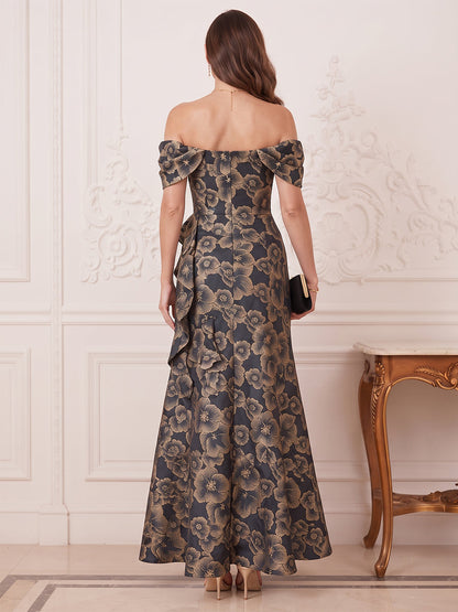 Trumpet/Mermaid Off-the-Shoulder Sleeveless Jacquard Floor-Length Mother of the Bride Dresses with Ruffles&Split Side