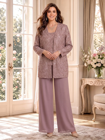 Jumpsuits Scoop Long Sleeves Chiffon Floor-Length Mother of the Bride Dresses with Jacket&Lace
