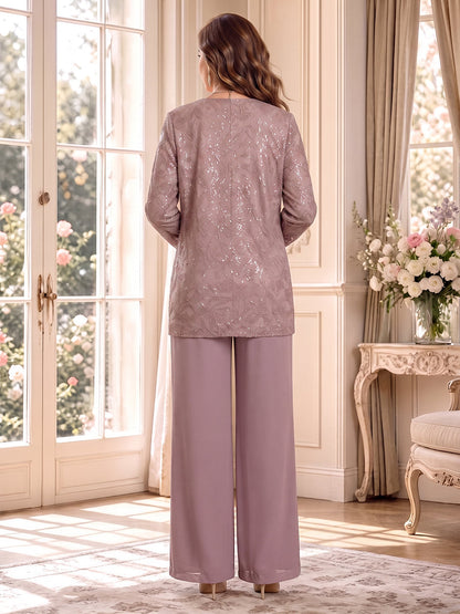 Jumpsuits Scoop Long Sleeves Chiffon Floor-Length Mother of the Bride Dresses with Jacket&Lace