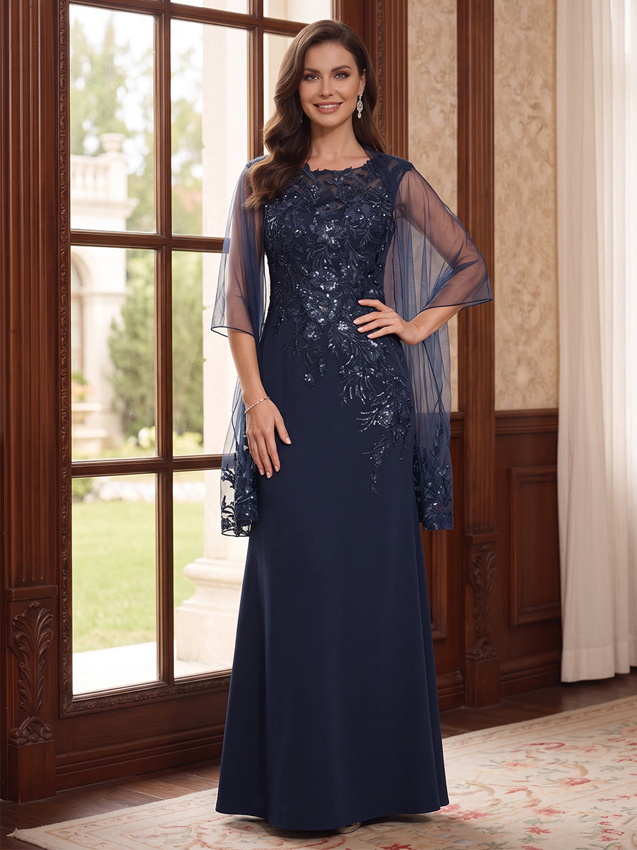 Sheath/Column Scoop Sleeveless Chiffon Floor-Length Mother of the Bride Dresses with Applique&Shawl