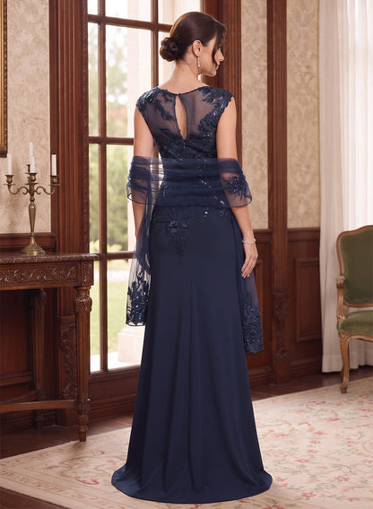 Sheath/Column Scoop Sleeveless Chiffon Floor-Length Mother of the Bride Dresses with Applique&Shawl