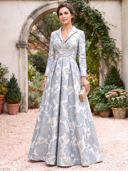 A-Line/Princess V-Neck Long Sleeves Jacquard Floor-Length Mother of the Bride Dresses with Ruched