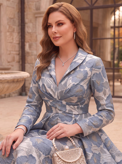 A-Line/Princess V-Neck Long Sleeves Jacquard Floor-Length Plus Size Mother of the Bride Dresses with Ruched