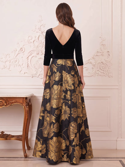 A-Line/Princess V-Neck 3/4 Sleeves Jacquard Floor-Length Mother of the Bride Dresses with Bowknot