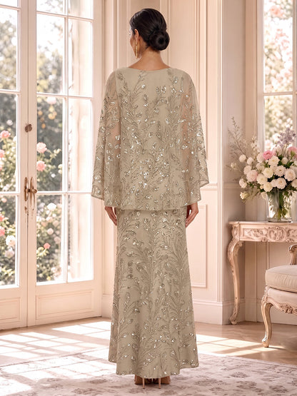 Sheath/Column Scoop Cap Sleeves Tulle Floor-Length Mother of the Bride Dresses with Sequins & Appliques